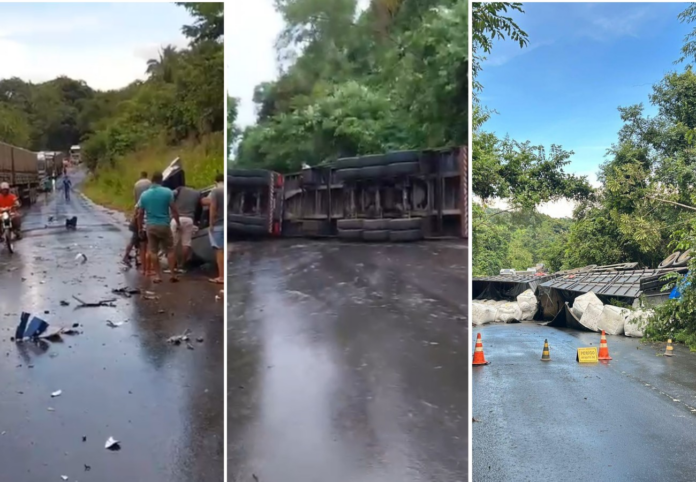 caminhao-fica-atravessado-em-rodovia-apos-acidente-grave-com-morte;-transito-ficou-interditado