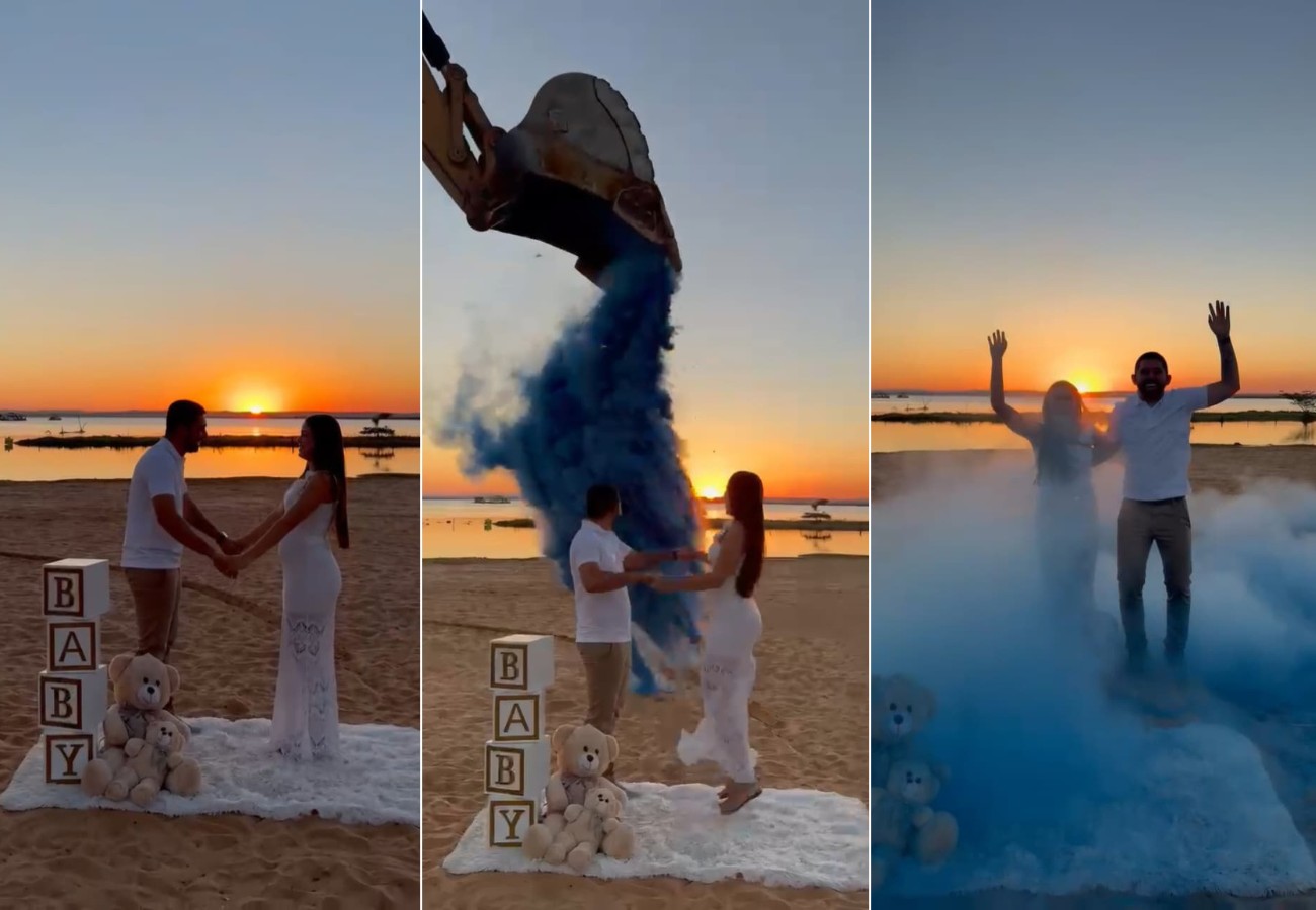 Casal inova e usa retroescavadeira para revelar sexo de bebê em praia de Palmas; VÍDEO casal-inova-e-usa-retroescavadeira-para-revelar-sexo-de-bebe-em-praia-de-palmas;-video